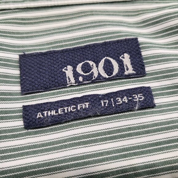 1901 Mens Dress Shirt 17 34-35 Athletic Fit Long Sleeve Cotton Striped Green - Picture 4 of 15